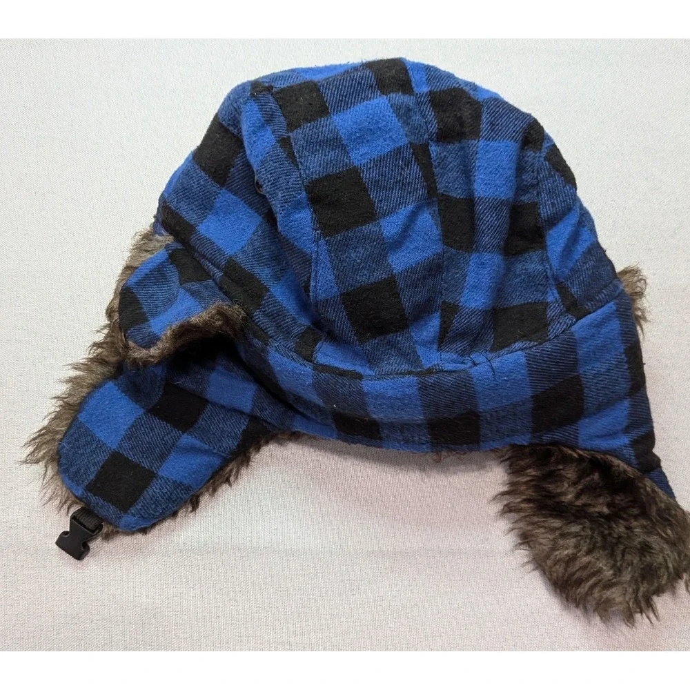 True Gear North Trapper Hat Mens OSFM Blue Black Good Buffalo Plaid Faux Fur